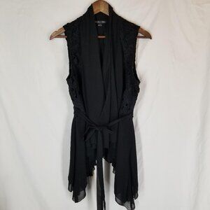 Double Zero Womens L Black Crochet Lace Tie Front Cardigan Vest Boho Goth Witchy
